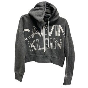 Calvin Klein Womens Cropped‎ Hoodie Dark Gray Logo Print Pullover Long Sleeve L
